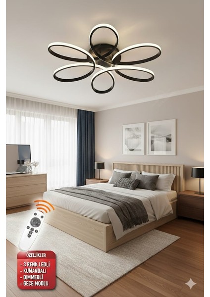 Luxor Oturma Odası Salon Yatak Odası için Siyah Kasa 60 cm Kumandalı 3 Renk Kumandalı LED Avize