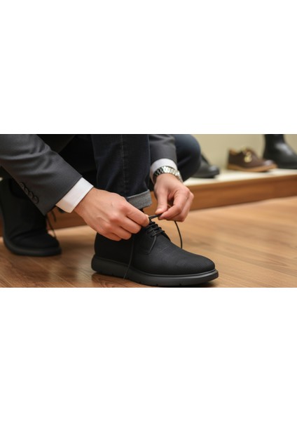 GR0440 Hakiki Nubuk Deri Topuksuz Eva Taban Lazer Desenli Siyah Spor Klasik Ayakkabı