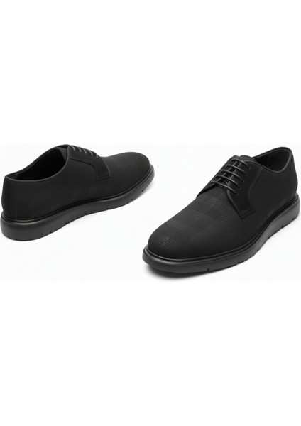 GR0440 Hakiki Nubuk Deri Topuksuz Eva Taban Lazer Desenli Siyah Spor Klasik Ayakkabı