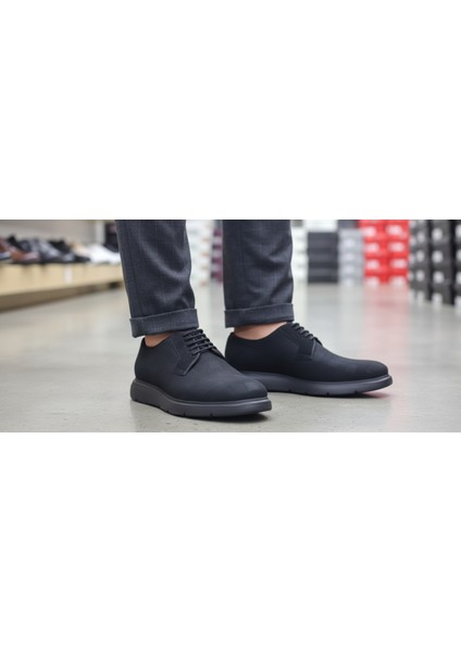 GR0440 Hakiki Nubuk Deri Topuksuz Eva Taban Lazer Desenli Siyah Spor Klasik Ayakkabı