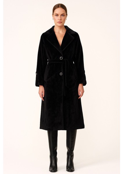 Tay Tüyü Kaban - Peluş Kaban- Taş Detaylı Düğmeli- Kuşaklı