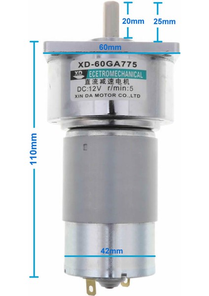 XD-60GA775 Dc Motor 12V 5rpm 35W 87KG.CM Yüksek Tork Kuvvet Metal Dişli Redüktörlü Robot Cnc Makine