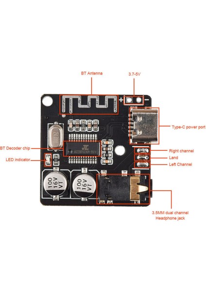 VHM-314 Type-C Bluetooth Kablosuz Ses Mp3 Modül Amfi Müzik Çalma Kartı Dc 5V USB Lityum Pil Batarya