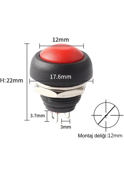 12MM PBS-33B 2 Pin Push Buton Kırmızı On Off 1A 250V Mini Yuvarlak Su Geçirmez Anahtar