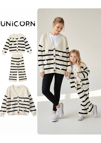 Çiçek Aplikeli Örgü Kız Çocuk Takımı – Düğmeli Hırka & Boru Paça Etek