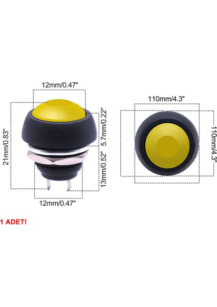 12MM PBS-33B 2 Pin Push Buton Sarı On Off 1A 250V Mini Yuvarlak Su Geçirmez Anahtar Momentary