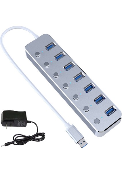 USB 3.0 Güç Adaptörü 7 Bağlantı Noktası Alüminyum Alaşım Ayırıcı Hub USB Hub 3.0 USB Çoklu Genişletici Anahtarı 1.2m Kablo Hub Abd Fiş A (Yurt Dışından)