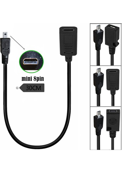 0.3m Mini 5p Tip C Dişi-8 Pimli Mini B Erkek Şarj Kablo Adaptör Dönüştürücü Kordon Kamera Kablosu C (Yurt Dışından) fiyatları