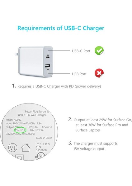 Naylon Örgülü Usb-C Şarj Kablosu Surface Pro 6/5/4/3 Yüzey Dizüstü Bilgisayar 1.5 M 45W 15V Pd Güç Kaynağı Kablosu (Yurt Dışından) modelleri