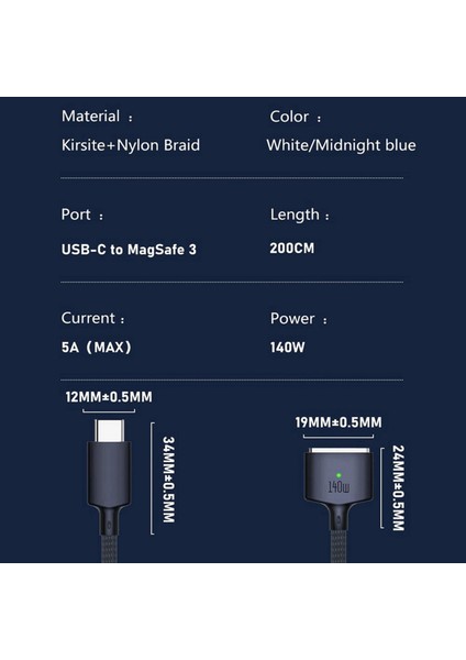 2x Pd 140W Magsafe 3 Manyetik Hızlı Şarj Kablosu Çinko Alaşım Dönüştürücü Hattı MacBook Air/pro A2442/2485/2681, Mavi (Yurt Dışından) fırsatları