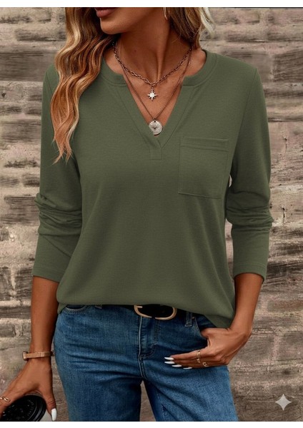 Kadın Uzun Kollu Cepli V Yakalı Viskon Iki Iplik Bluz