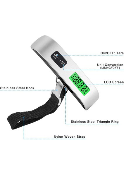 LCD Dijital Asma Ölçekli Bagaj Bavul Bagaj Ağırlık Ölçekleri Ağırlık Aracı Için Kemer ile 50KG/110LB Gümüş (Yurt Dışından) modelleri