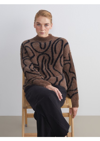 Yeni Sezon Bisiklet Yaka Desenli Kadın Pelüş Triko Tunik