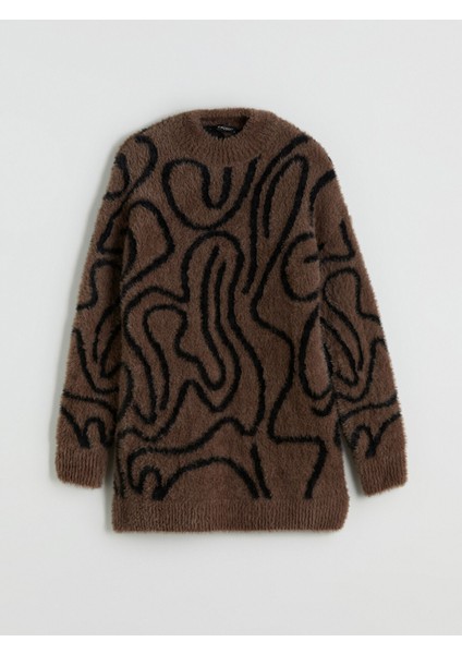 Yeni Sezon Bisiklet Yaka Desenli Kadın Pelüş Triko Tunik indirimleri