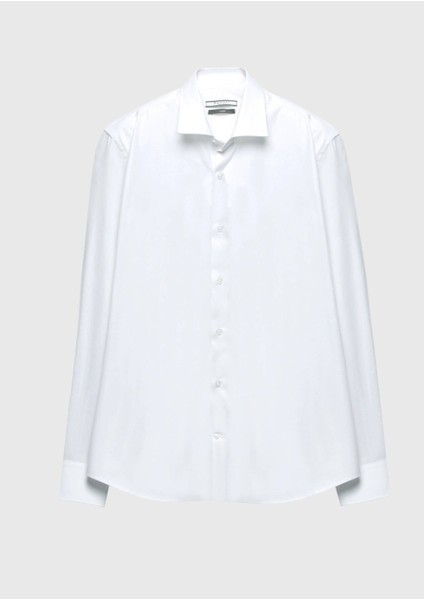 Beyaz Regular Fit Dokuma Klasik %100 Pamuk Gömlek