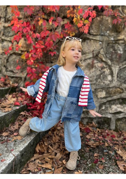 Patchwork Tasarımlı Çocuk Denim Ceket – Çift Cepli fırsatları