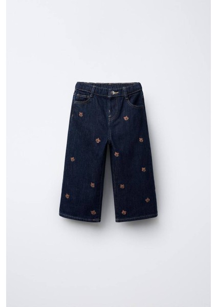 Ayarlanabilir Bel Detaylı Çocuk Denim Pantolon – Nakışlı Boru Paça