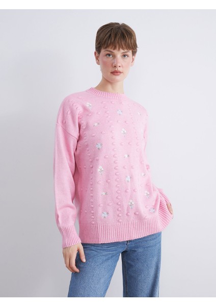 Yeni Sezon Bisiklet Yaka Çiçek Nakışlı Kadın Triko Tunik