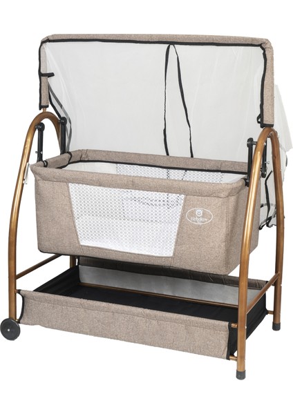 Keten Kumaş Profil Sallanabilir Gold Portatif Anne Yanı Cibinlikli Hamak Sepet Gold Beşik