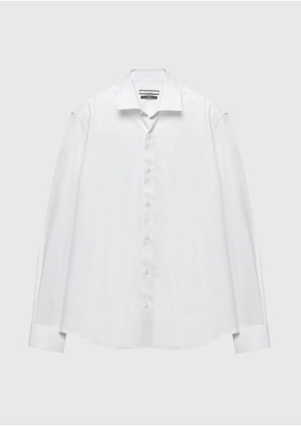 Beyaz Regular Fit Dokuma Klasik %100 Pamuk Gömlek