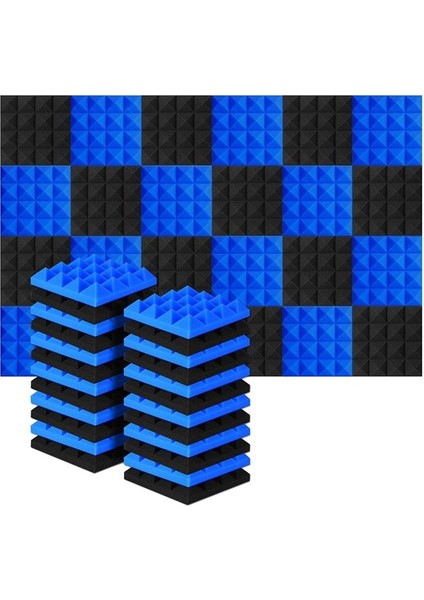24PCS 25X25X5CM Studio Akustik Ses Geçirmez Köpük Piramit Yalıtım Ses Emme Panelleri Siyah+Mavi (Yurt Dışından)