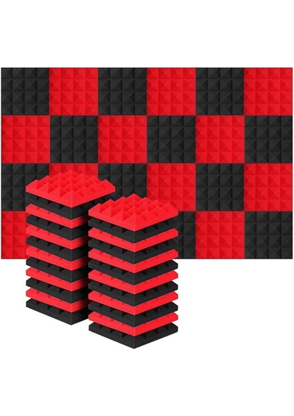 24PCS 25X25X5CM Studio Akustik Ses Geçirmez Köpük Piramit Yalıtım Ses Emme Panelleri Siyah+Kırmızı (Yurt Dışından)