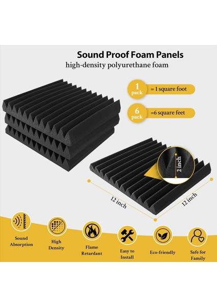 6 Paket Ses Düzeltısı Köpük Paneller 2 x 12 x 12 Inç Kendi Kendinden Yapışkan Yüksek Yoğunluklu Akustik Köpük Ses Geçirmez Duvar Panelleri (Yurt Dışından) fiyatları