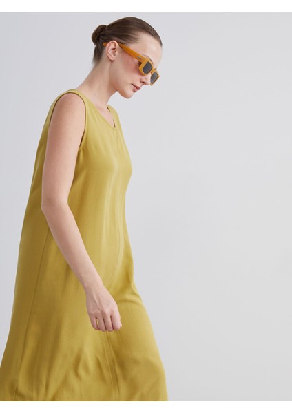 Yeni Sezon Bisiklet Yaka A Kesim Keten Karışımlı Elbise