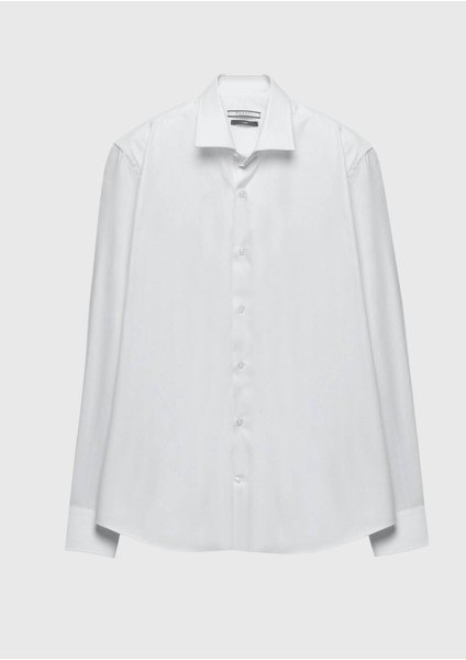 Beyaz Regular Fit Dokuma Klasik %100 Pamuk Gömlek