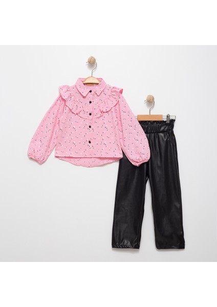 Kız Çocuk Deri Pantolon- Çiçekli Gömlek Alt Üst Takım