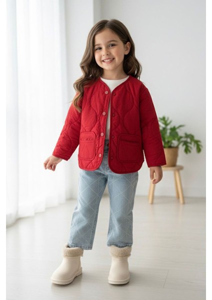 Kapitone Cepli Kız Çocuk Mevsimlik Mont - Kırmızı