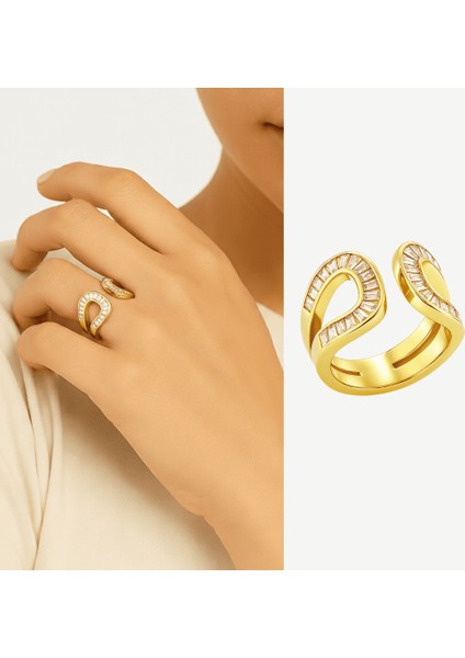 Kadın Xuping Çelik Yüzük - Baget Kesim Beyaz Zirkon Taşlı - Altın Renk - Ayarlanabilir Ölçü fiyatları