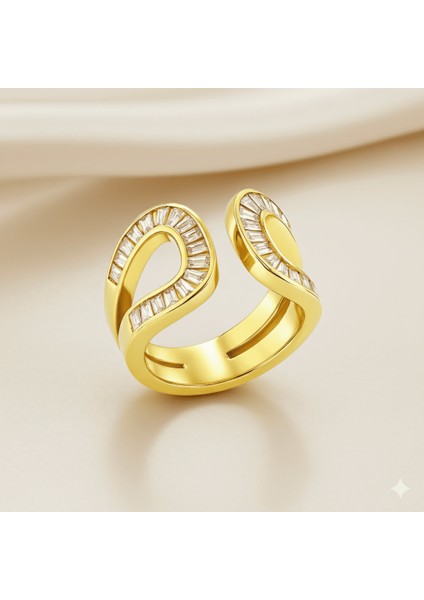 Kadın Xuping Çelik Yüzük - Baget Kesim Beyaz Zirkon Taşlı - Altın Renk - Ayarlanabilir Ölçü fırsatları