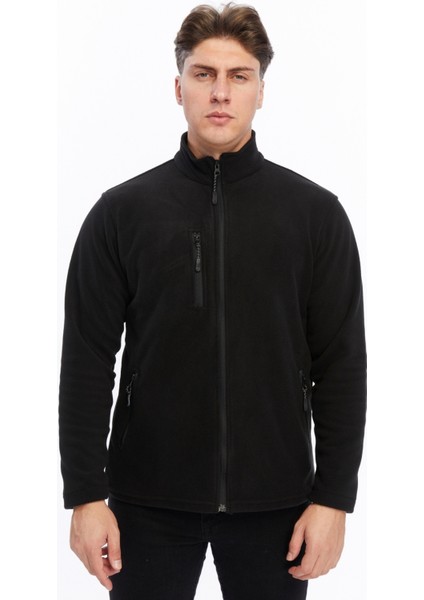 Erkek Polar Ceket Tam Fermuarlı 3 Cepli Siyah Etek Reçme
