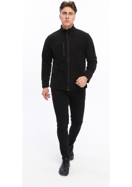 Erkek Polar Ceket Tam Fermuarlı 3 Cepli Siyah Etek Reçme