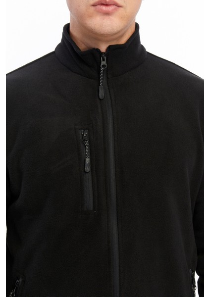 Erkek Polar Ceket Tam Fermuarlı 3 Cepli Siyah Etek Reçme