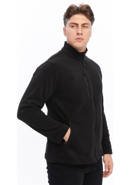 Erkek Polar Ceket Tam Fermuarlı 3 Cepli Siyah Etek Reçme