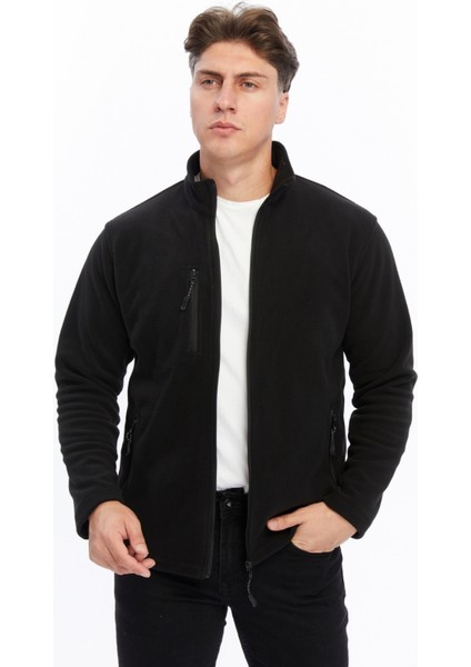 Erkek Polar Ceket Tam Fermuarlı 3 Cepli Siyah Etek Reçme