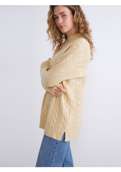 Yeni Sezon Dik Yaka Kendinden Desenli Kadın Triko Tunik