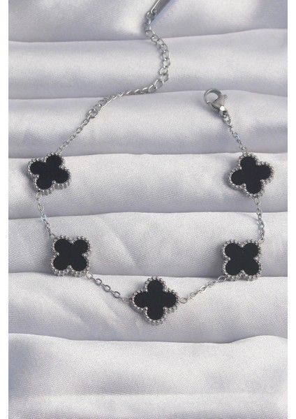 316L Çelik Gümüş Renk Siyah Mineli Yonca Bileklik