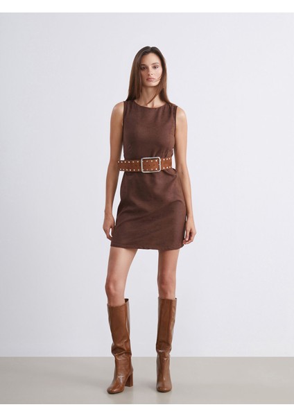 Yeni Sezon Bisiklet Yaka Süet Mini Elbise