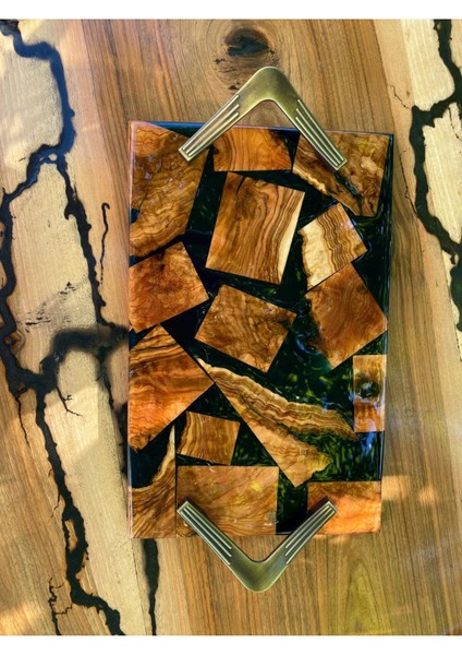 Zeytin Ağacından El Yapımı Ahşap Epoksi Sunum Tepsi / Düğün/nişan - 30*19 cm - Yeşil fiyatları