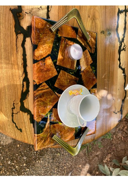 Zeytin Ağacından El Yapımı Ahşap Epoksi Sunum Tepsi / Düğün/nişan - 30*19 cm - Yeşil modelleri