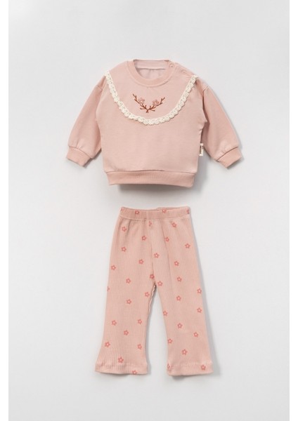 Dantel ve Nakış Detaylı Kız Bebek Takımı – Sweatshirt & Tayt Alt