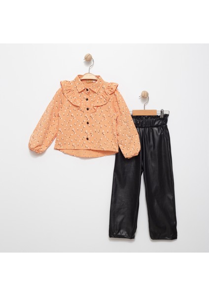 Kız Çocuk Deri Pantolon- Çiçekli Gömlek Alt Üst Takım