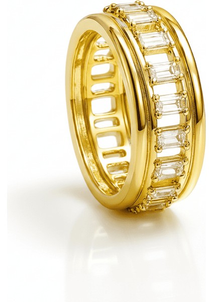 Kadın Xuping Çelik Yüzük - Tam Tur Tasarım - Sıralı Beyaz Zirkon Taşlı - Altın Renk - 19 Ölçü