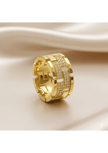 Kadın Xuping Çelik Yüzük - Greek Desenli - Beyaz Zirkon Taşlı - Altın Renk - 12 Ölçü fırsatları