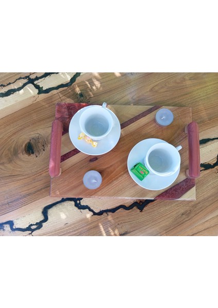 Ceviz Ağacından El Yapımı Ahşap Epoksi Sunum Tepsi / Düğün/nişan - 30*20 cm - Fuşya