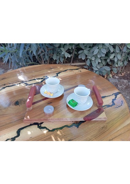 Ceviz Ağacından El Yapımı Ahşap Epoksi Sunum Tepsi / Düğün/nişan - 30*20 cm - Fuşya fiyatları