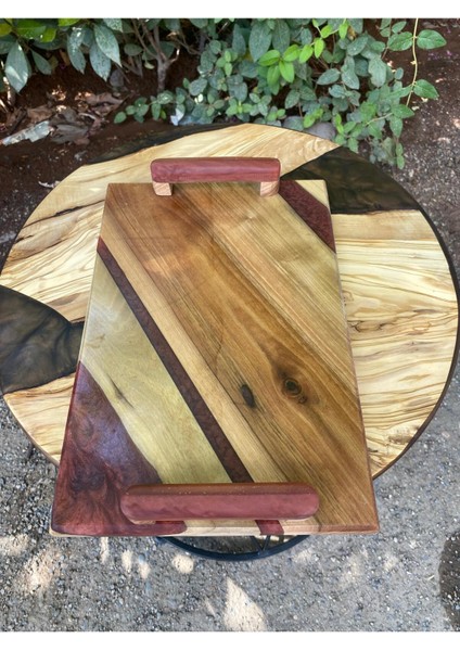 Ceviz Ağacından El Yapımı Ahşap Epoksi Sunum Tepsi / Düğün/nişan - 30*20 cm - Fuşya modelleri